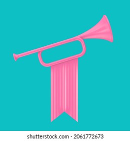 Pink Fanfare Trumpet with Flag in Duotone Style on a blue background. 3d Rendering 