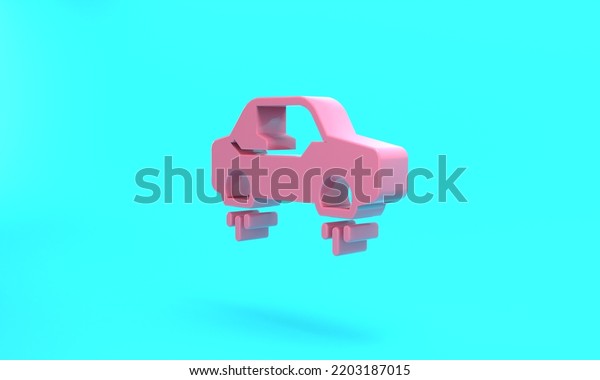 Pink Fantastic flying car icon\
isolated on turquoise blue background. Hover car future technology\
future transport. Minimalism concept. 3D render\
illustration.