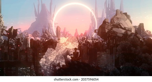 Pink fantasy science fiction city. Digital painting. Fictional abstract realm. Futuristic concept art. Colorful artistic landscape. 3D illustration.