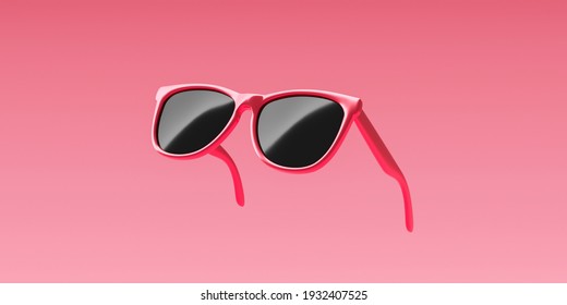Gafas de sol de moda rosadas y óptica de lente negra en el fondo de objetos de verano con diseño accesorio moderno. Representación 3D.