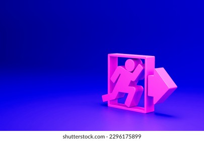 Pink Fire exit icon isolated on blue background. Fire emergency icon. Minimalism concept. 3D render illustration.