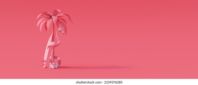 Pink flamingo on roller skates with palm tree and surfboard. Summer travel concept 3D Render 3D Illustration