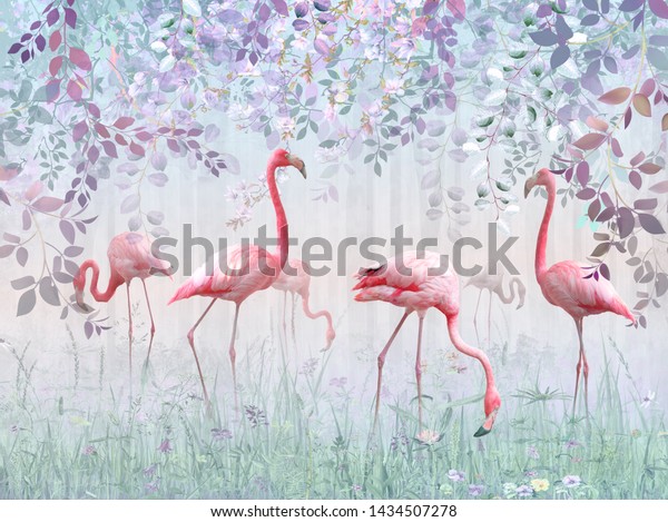 Pink flamingos in a delicate garden in a turquoise mist. Mural Wallpaper for interior printing.