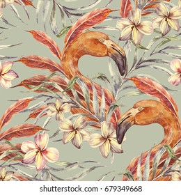 Pink Flamingos, Feathers, Exotic Flowers, Palm Leaves Seamless Tropical Pattern Background. Watercolor Head Of Flamingo Bird Illustration, Vintage Style