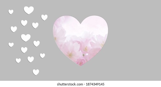 Pink Flower Heart Isolated On Grey Background. Happy Valentines And Mothers Day. Mixed Media. Poster, Flyer, Greeting Card, Header For Website.