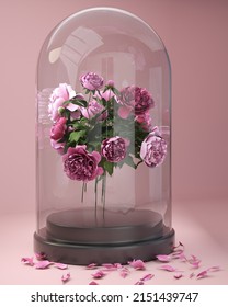 Pink Flower Under The Glass Dome On Pink Background. 3D Rendering.	