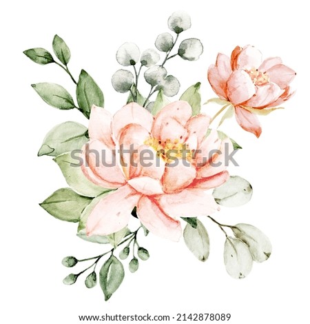 Pink flower watercolor, floral clip art. Bouquet blush peony perfectly for printing design on invitations, cards, wall art and other. Isolated on white background. Hand painting.