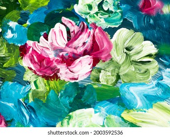 Pink flowers, abstract painting, original hand drawn, impressionism style, color texture, brushstrokes of paint,  art background.  Modern art. Contemporary art.