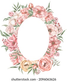 Pink Flowers And Berries Wreath Clipart, Watercolor Caramel Flowers And Greenery Frame Illustration, Vintage Florals Frame Illustration, Rustic Thanksgiving Border, Logo, Template