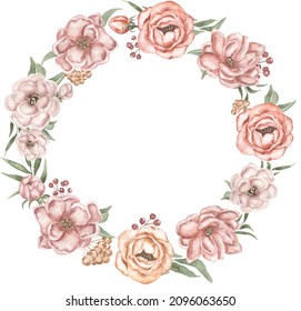 Pink Flowers And Berries Wreath Clipart, Watercolor Caramel Flowers And Greenery Frame Illustration, Vintage Florals Frame Illustration, Rustic Thanksgiving Border, Logo, Template