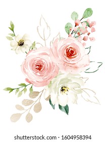 Pink Flowers Bouquet Watercolor, Floral Clip Art. Blush Roses Perfectly For Printing Design On Invitations, Cards And Other. Vintage Illustration Isolated On White Background. Hand Painting. 