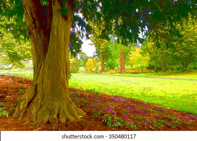 Pink Flowers Under A Tree In A Beautiful English Park Bright Colours Illustration Like Cartoon Effect