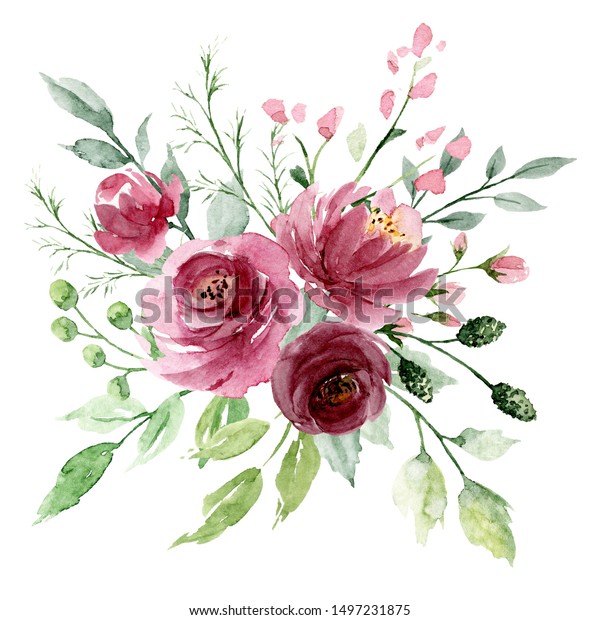 Pink Flowers Watercolor Floral Clip Art Stock Illustration 1497231875 ...