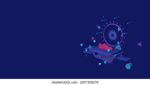 Pink Football Boot Symbol On A Pedestal Of Abstract Geometric Shapes Floating In The Air. Abstract Concept Art With Flying Shapes On The Right. 3d Illustration On Indigo Background