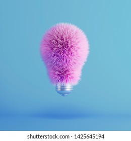 Pink Fur Light Bulb on floating blue background. minimal idea creative concept. 3D render.