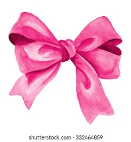 Pink Gift Bow. Watercolor Drawing.