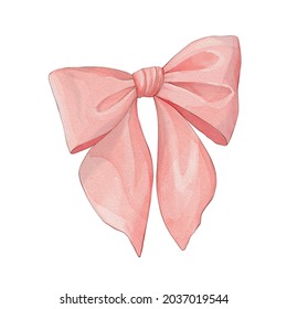 Pink Gift Bow. Watercolor Illustration, Isolated On White