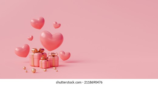 Pink gift box with gold ribbon and heart banner love concept on pink background 3D rendering - Powered by Shutterstock