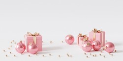 Pink Gift Boxes With Golden Ribbon And Baubles On White Background, 3d Render