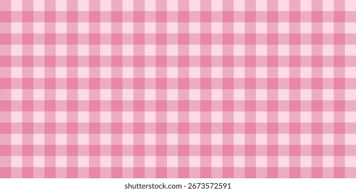 Pink gingham checkered pattern background. Seamless pastel pink plaid design. Soft and sweet vintage aesthetic. Pink white gingham check tablecloth picnic style traditional.