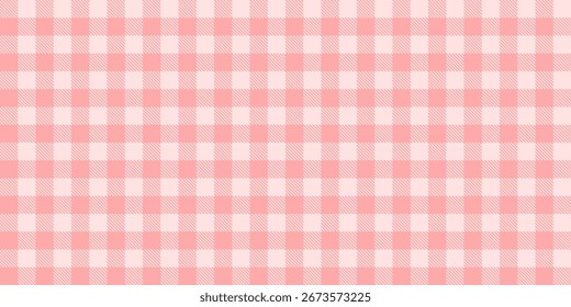 Pink gingham checkered pattern background. Seamless pastel pink plaid design. Soft and sweet vintage aesthetic. Pink white gingham check tablecloth picnic style traditional.