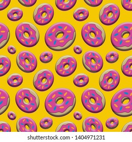 Pink Glaced Sprinkled Donuts Seamless Pattern On Yellow Background