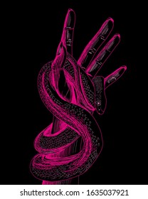 Pink Graphic Snake In Fingers Hand Illustration In Black Background