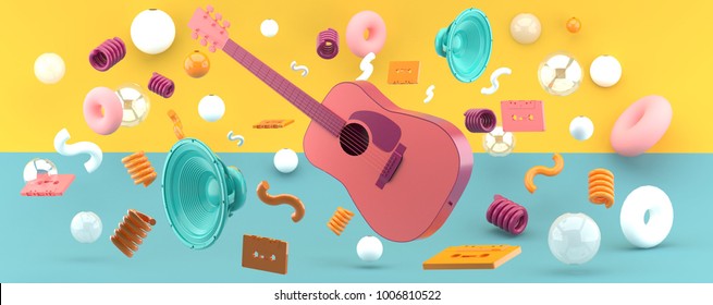 Pink guitar and blue speakers amid balls and tape on a green and yellow background 3D Render.