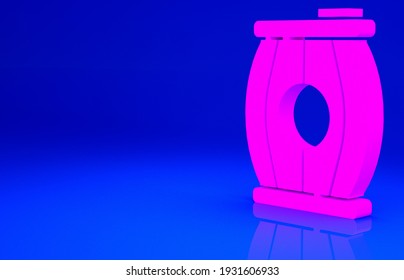 Pink Gun powder barrel icon isolated on blue background. TNT dynamite wooden old barrel. Minimalism concept. 3d illustration 3D render.
