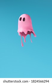 Pink Halloween ghost made out of paint. Minimal holiday fun spooky concept. Autumn season background.