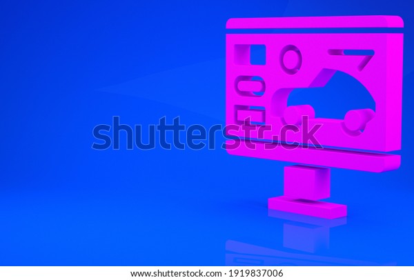 Pink Hardware diagnostics\
condition of car icon isolated on blue background. Car service and\
repair parts. Minimalism concept. 3d illustration. 3D\
render.