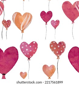 A Pink Heart Balloon Seamless White Large Pattern. Watercolor Illustration. Hand Drawn Picture For To Use In Design, Home Decor, Fabrics, Prints, Textile, Cards, Invitations, Banners, Accessories. 