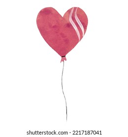 Pink Heart Balloon Watercolor Illustration With Two White Stripes. Hand Drawn Picture For To Use In Design, Home Decor, Fabrics, Prints, Textile, Cards, Invitations, Banners, Accessories, Stationery. 