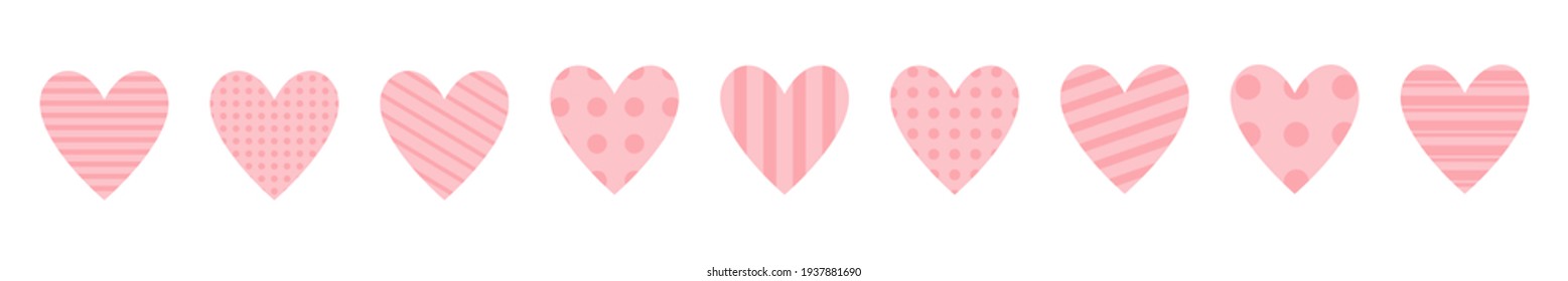 Pink Heart Icon Set. Happy Valentines Day. Cute Polka Dot, Line Pattern. Love Sign Symbol Simple Template. Greeting Card. Decoration Element. Square Composition. Flat Design. White Background. 