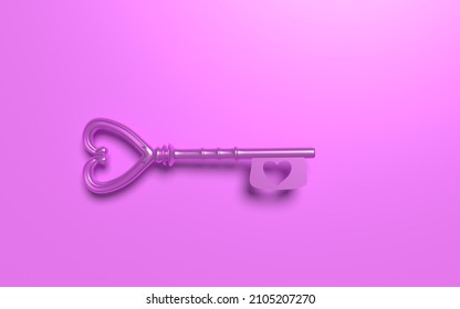 Pink heart shaped metal key on floor. Valentines day, security, love and romance concepts. 3D rendering.