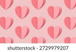 Pink hearts pattern, repeat hearts soft shadowed, modern minimal pink heart background banner, stylish and simple pastel pink symbol of love, flat lay print for festive Valentine designs screensaver