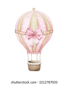 Pink Hot Air Balloon With Bow.
Watercolor Illustration Isolated On White Background.