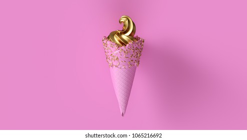 Pink Ice Cream With Gold Leaf Ice Cream And Gold Sprinkles 3d Illustration