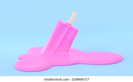 Pink ice cream on wooden stick melting on pastel blue background. Popsicle fell to floor upside down, puddle of melted sweet liquid, molten texture. Minimal summer concept. Realistic 3d render