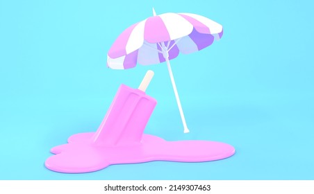 Pink Ice Cream On Wooden Stick Melting Under Beach Umbrella. Popsicle Fallen Upside Down, Puddle Of Melted Sweet Liquid, Molten Texture. Minimal Summer Travel Concept On Blue Background, 3d Render