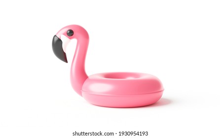 Pink inflatable flamingo swimming pool ring and summer season isolated on white background. 3D rendering.