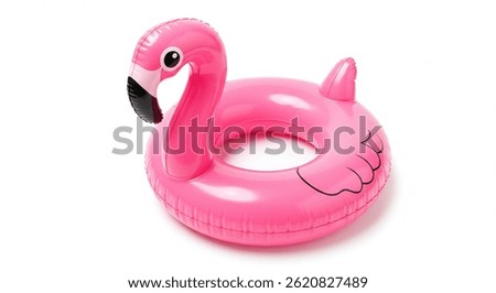 A pink inflatable flamingoshaped pool float ring, perfect for summer fun at the beach or pool. Features a cute design and is ready for relaxation.
