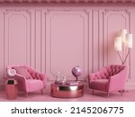 Pink interior concept.Classic furniture in classic interior with copy space.Walls with ornated mouldings.Floor parquet.Digital Illustration.3d rendering