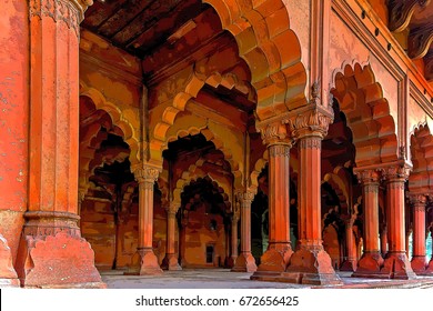 The Pink Interior Of The Red Fort In Delhi India.