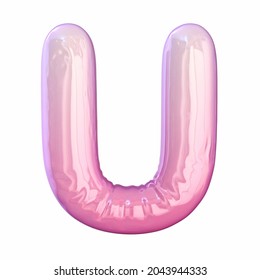 Pink latex glossy font Letter U 3D rendering illustration isolated white background