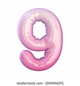 Pink latex glossy font Number 9 NINE 3D rendering illustration isolated white background