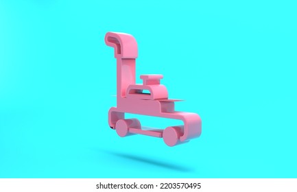 Pink Lawn Mower Icon Isolated On Turquoise Blue Background. Lawn Mower Cutting Grass. Minimalism Concept. 3D Render Illustration.