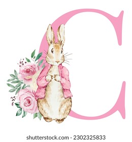 Pink letter C with watercolor peter rabbit and flowers for kids design - Powered by Shutterstock