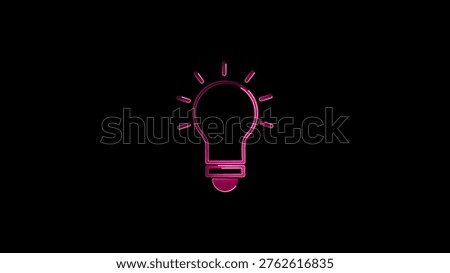 A pink lightbulb silhouette with rays emanating from it, set against a solid black background. The lightbulb has a rounded and a flat base, with a small circle at the bottom. The rays are short and straight, extending outward from the bulb. The overall is simple and bold, with a focus on the lightbulb as the central