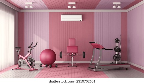 Pink and lilla Gym room with Fitness set room with stationary bike and weight machines on white-3d rendering - Powered by Shutterstock